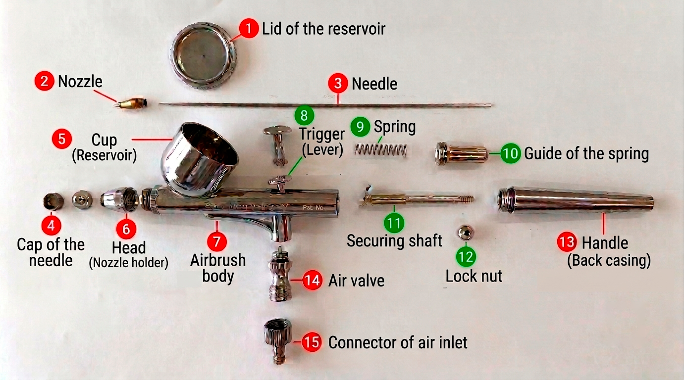 Partes del mecanismo de control de un aerógrafo